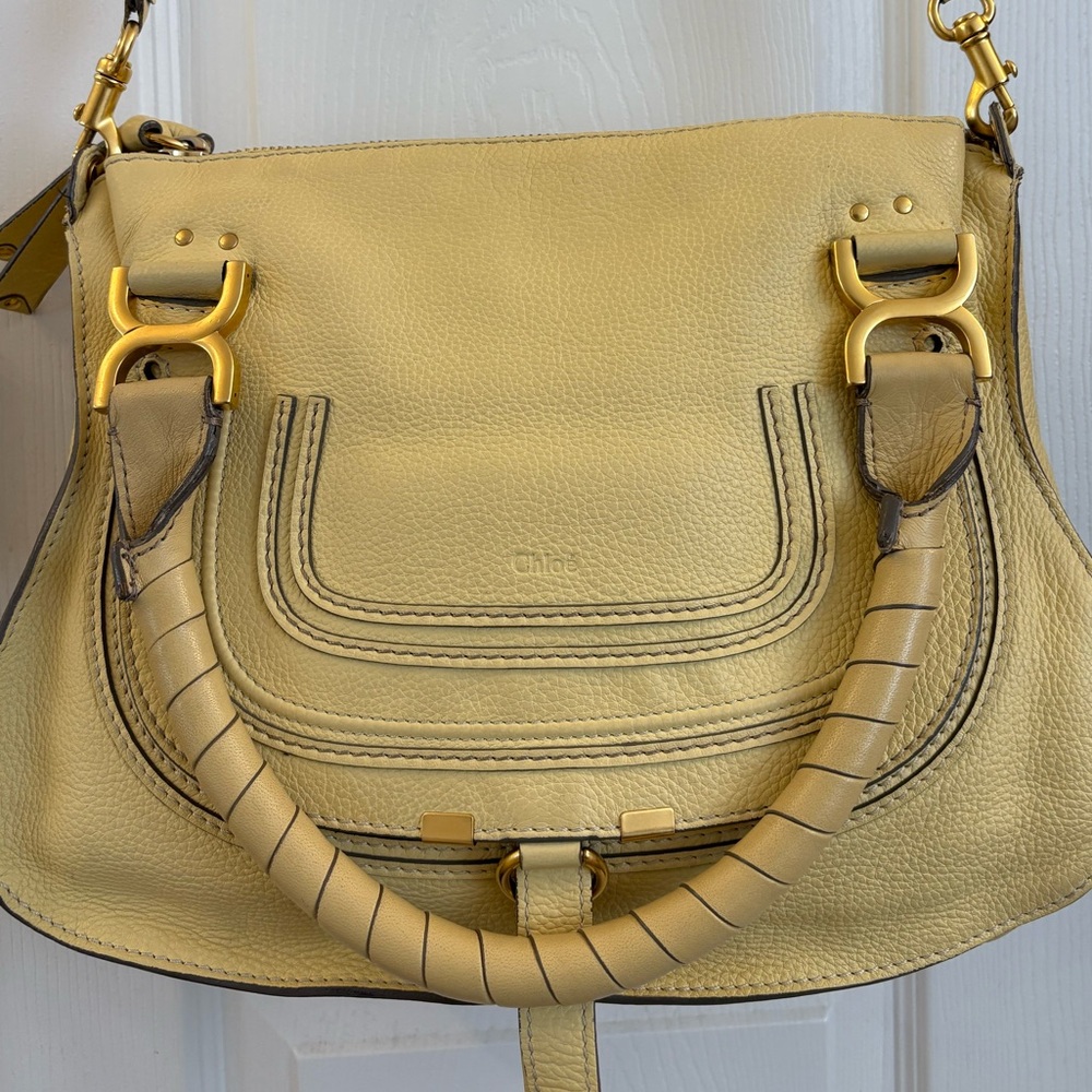 Chloé Butter Yellow (Chloé calls it “Sunlight”) large Marcie w/crossbody strap.